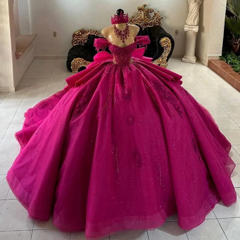 

Customized Rose Red Quinceanera Dresses Ball Gown Off The Shoulder Applique Flower Beading Tull Corset Party Birthday Sweet 16