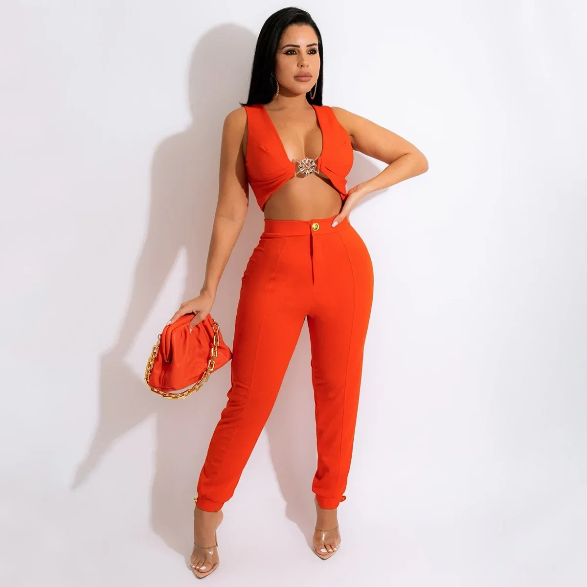 Casual 2 Piece Set Women Concise V-Neck Crop Tank Tops And Waist Pants Matching 2024 Summer TracKsuit