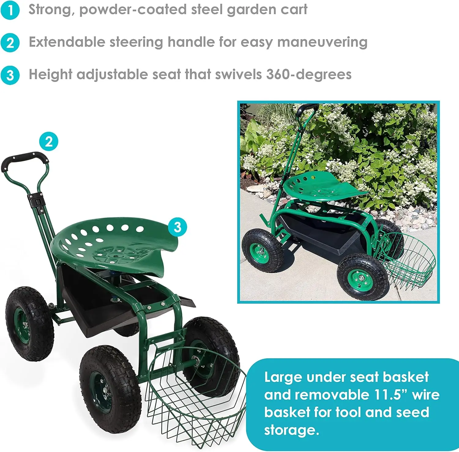 Garden Seat with Wheels - Rolling Garden Stool with Extendable Steer Handle, Swivel Seat and Utility Tool Tray - Green