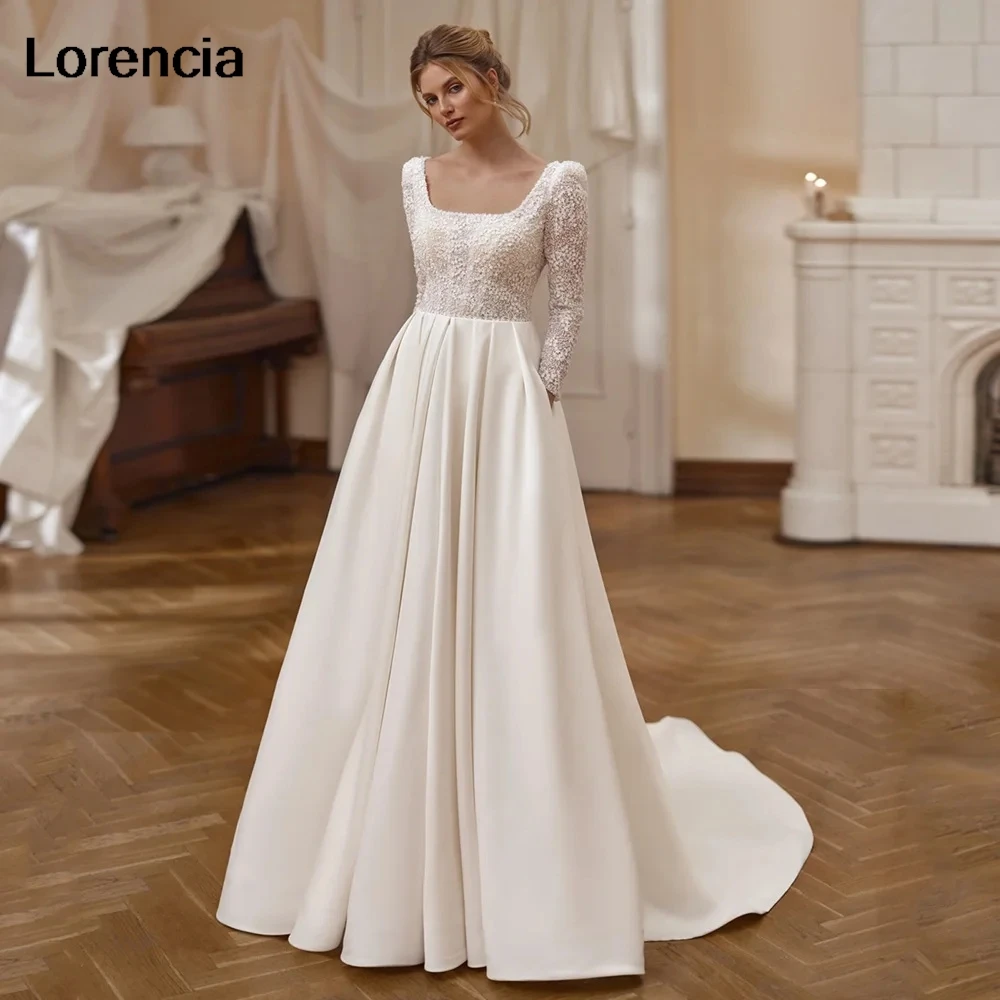 

Lorencia New Arrival Satin Wedding Dress Long Sleeves Beading Sequined Pocket A Line Bride Bridal Gown Robe De Mariée YAW118