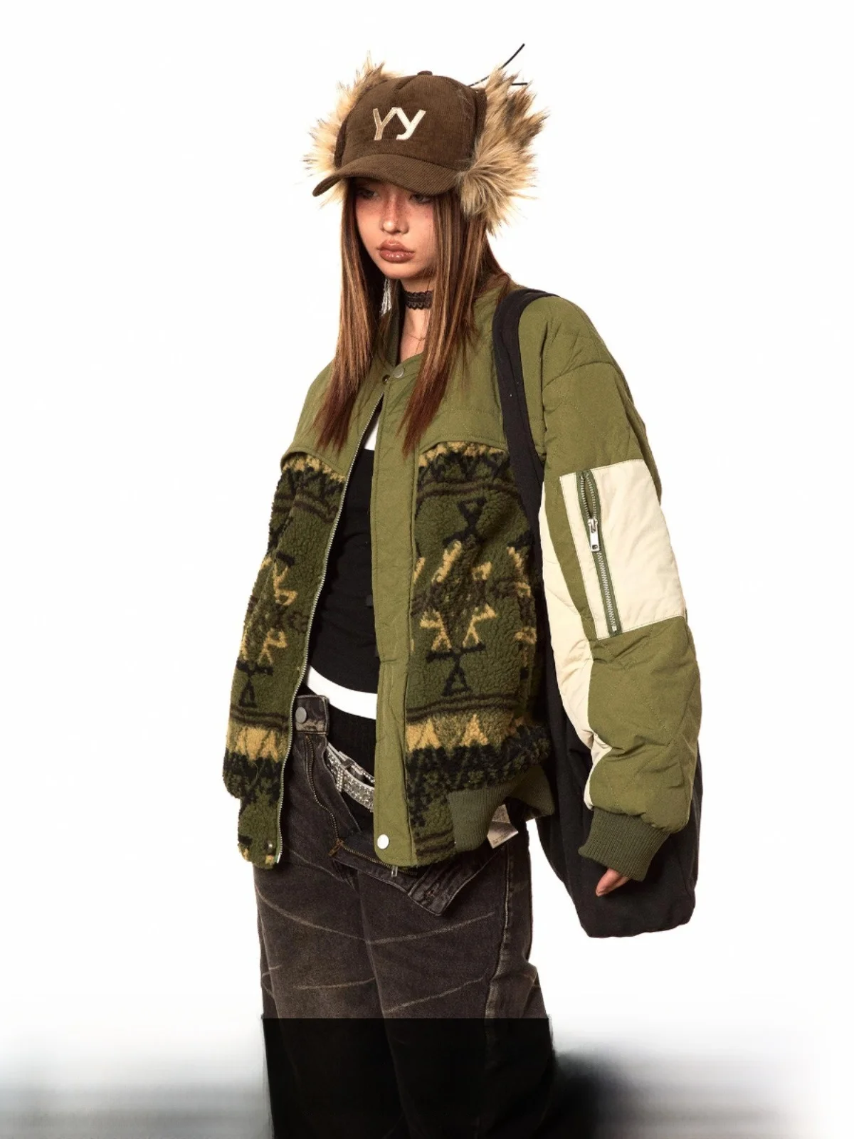 

Blabb Retro Jungle Color Blo Cotton Jaet Warm Winter Outerwear for Men And Women Street Sle Long Sve Zipper Closure