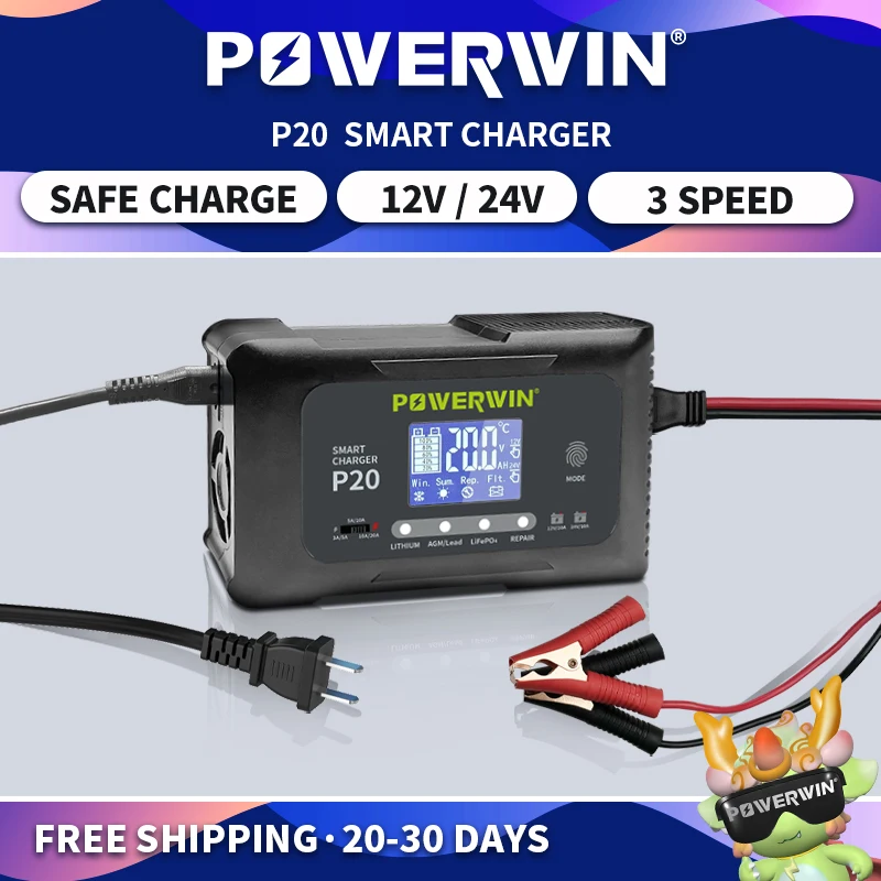 

POWERWIN P20 LCD Automatic Battery Smart Charger 20A 12V20A 24V10A For LiFePO4 AGM Lead-Acid Lithium Pulse Repair BT100 BT200