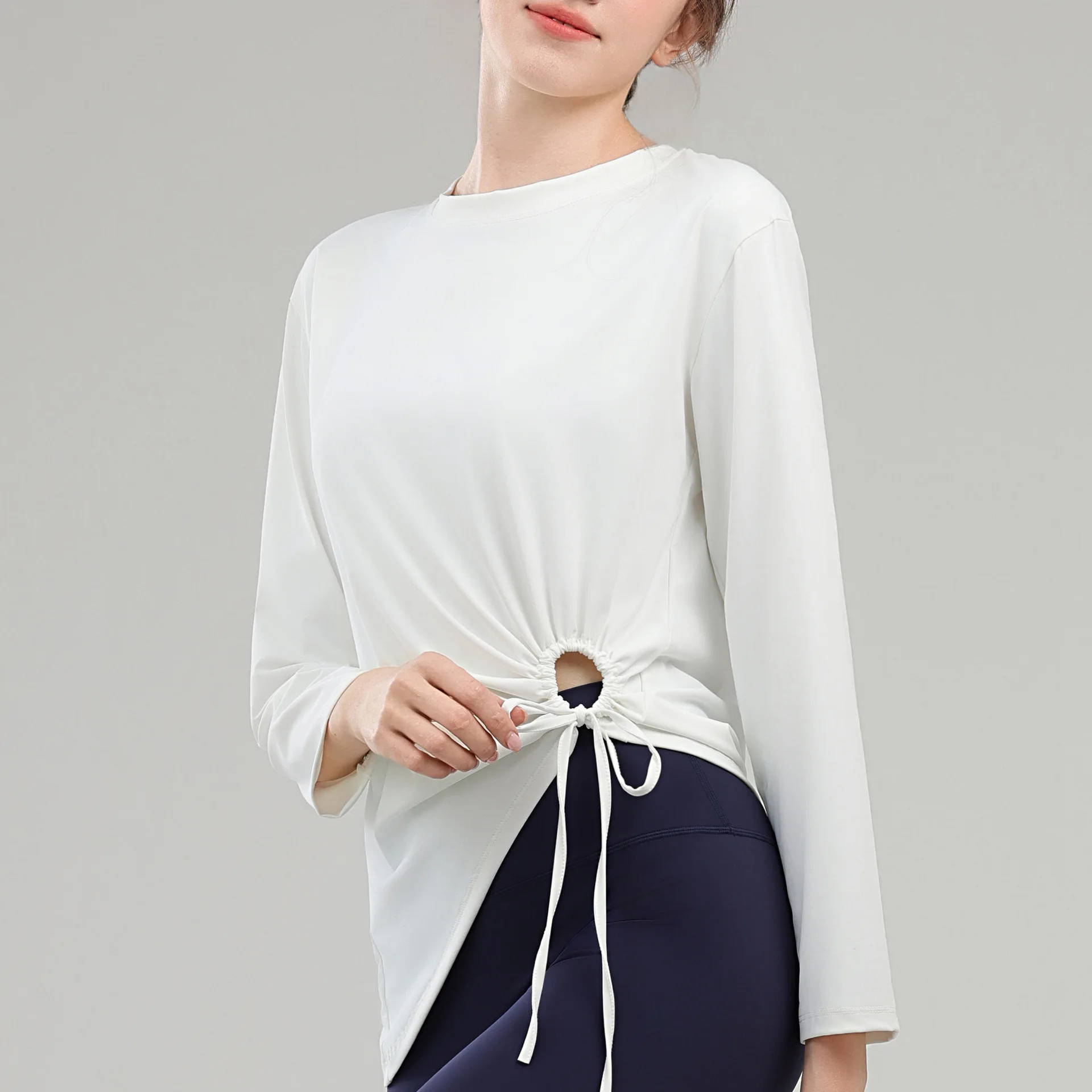 

Women's Loose-Fit Casual Yoga T-Shirt with Side Cutouts, Drawstring, Breathable Long Sleeves