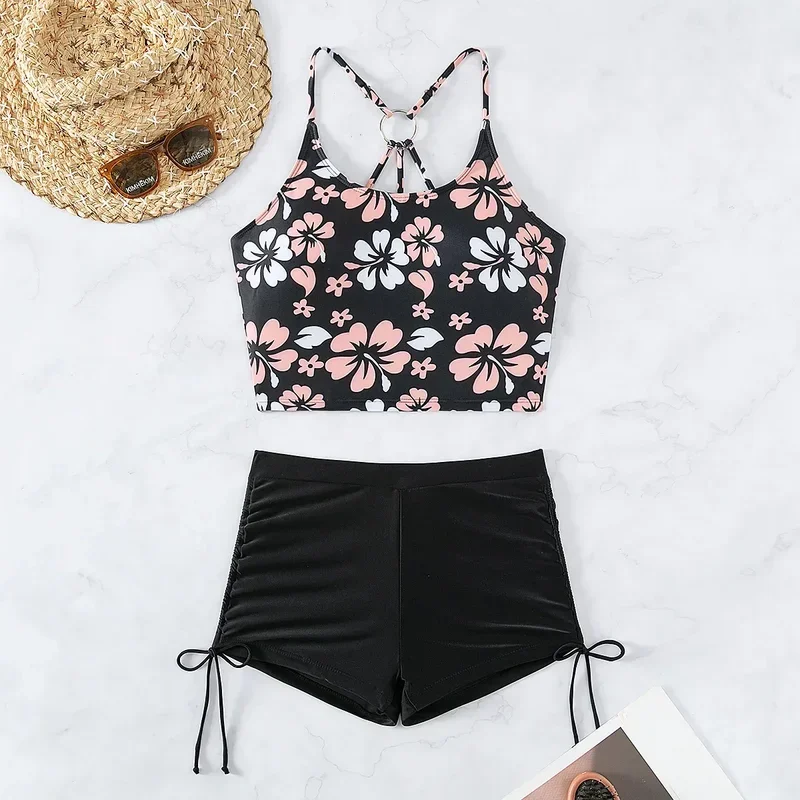 Flower Print Black Swimsuit for Women,2024 Summer New,high Waist 2-piece Tankini, U-neck Suspender Backless Beach Swimwear