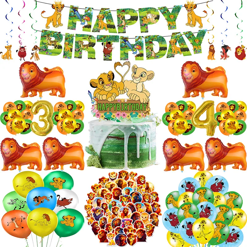 Ensemble de vaisselle de décoration d'anniversaire du roi Lion, assiettes, nappe, ballons, sacs cadeaux d'arrière-plan, fournitures pour cadeaux de fête Simba Lion