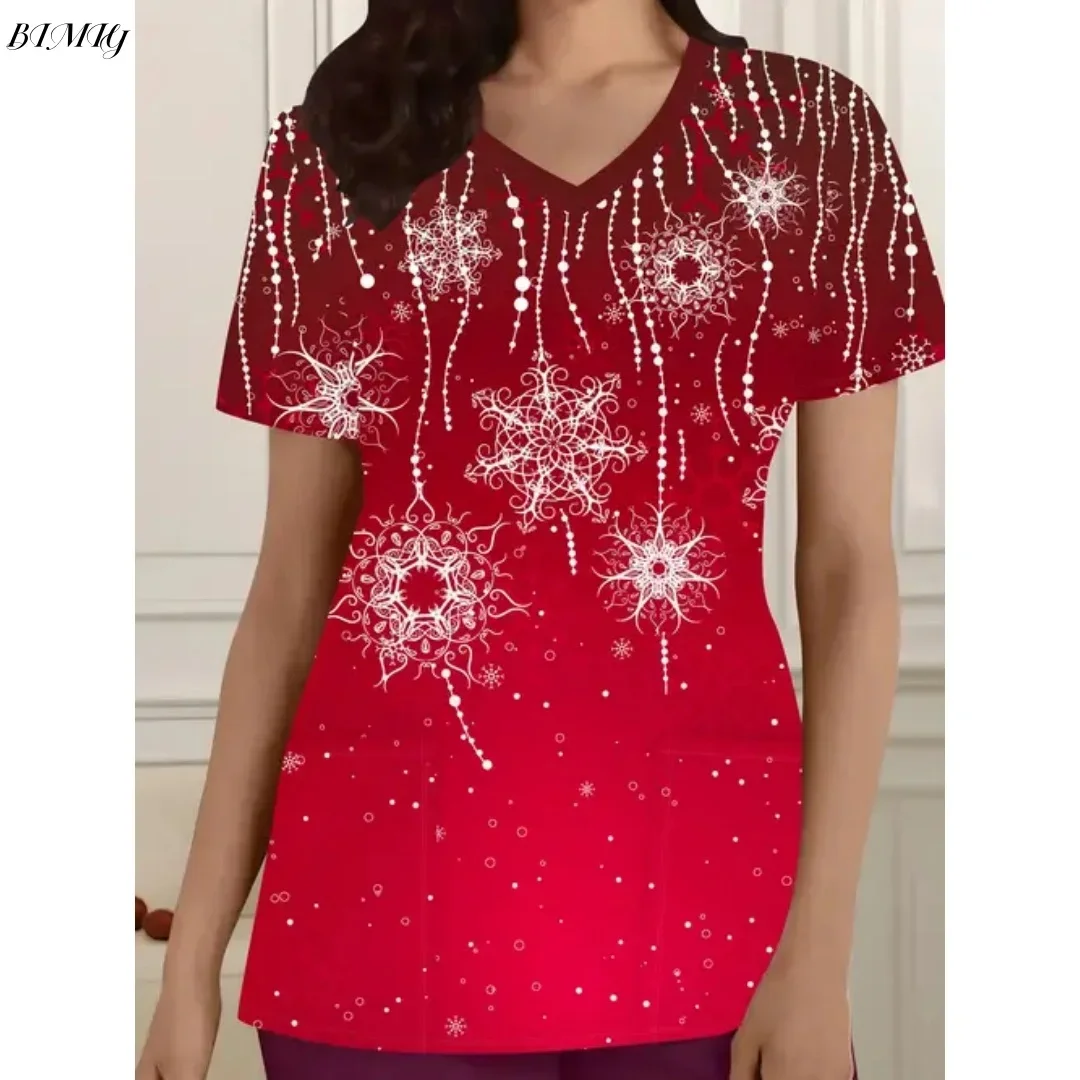 Праздничный рождественский уродливый топ с v-образным вырезом и карманами с принтом Санта-Клауса, удобная женская униформа медсестры, женская одежда с короткими рукавами