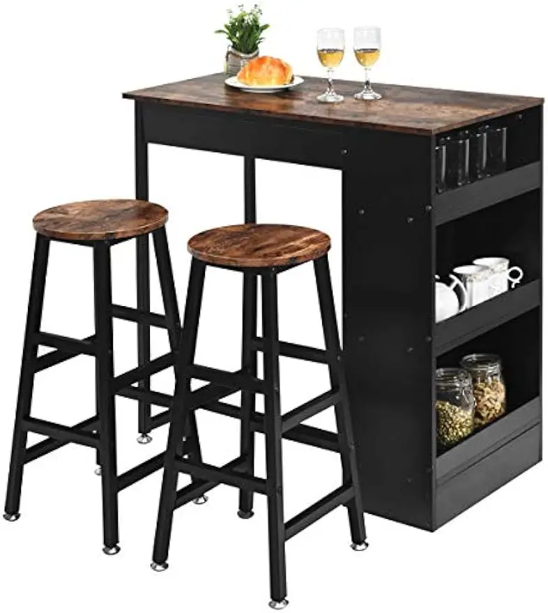 3 Piece Pub Dining Set, Wooden Counter Height Table Set with 2 Bar Stools, Industrial Bar Table Set, Sturdy Table with Storage