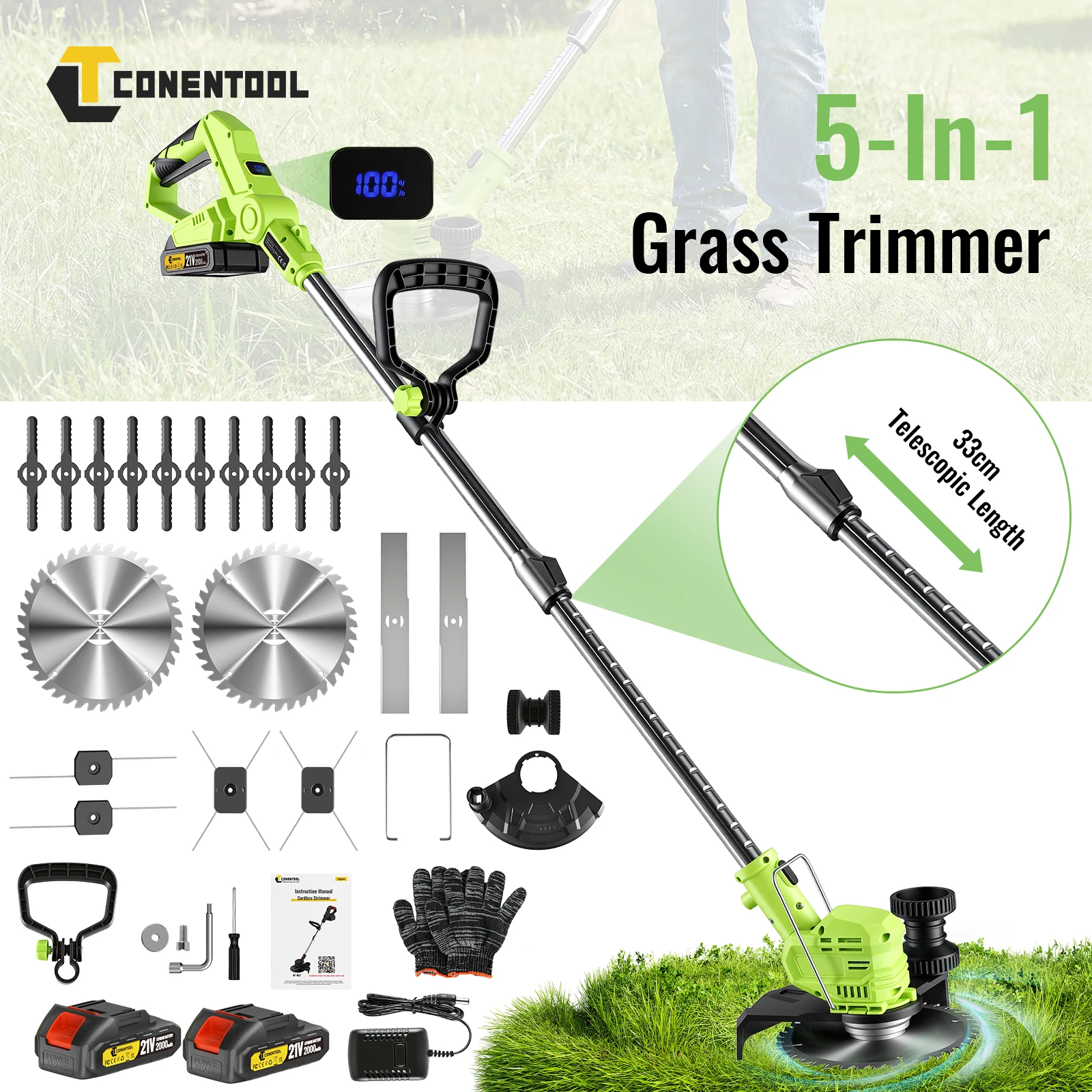 CONENTOOL Tondeuse à gazon électrique sans fil 8 pouces, 5 types de lames, débroussailleuse à roues, outils de jardin pour batterie Makita 18V