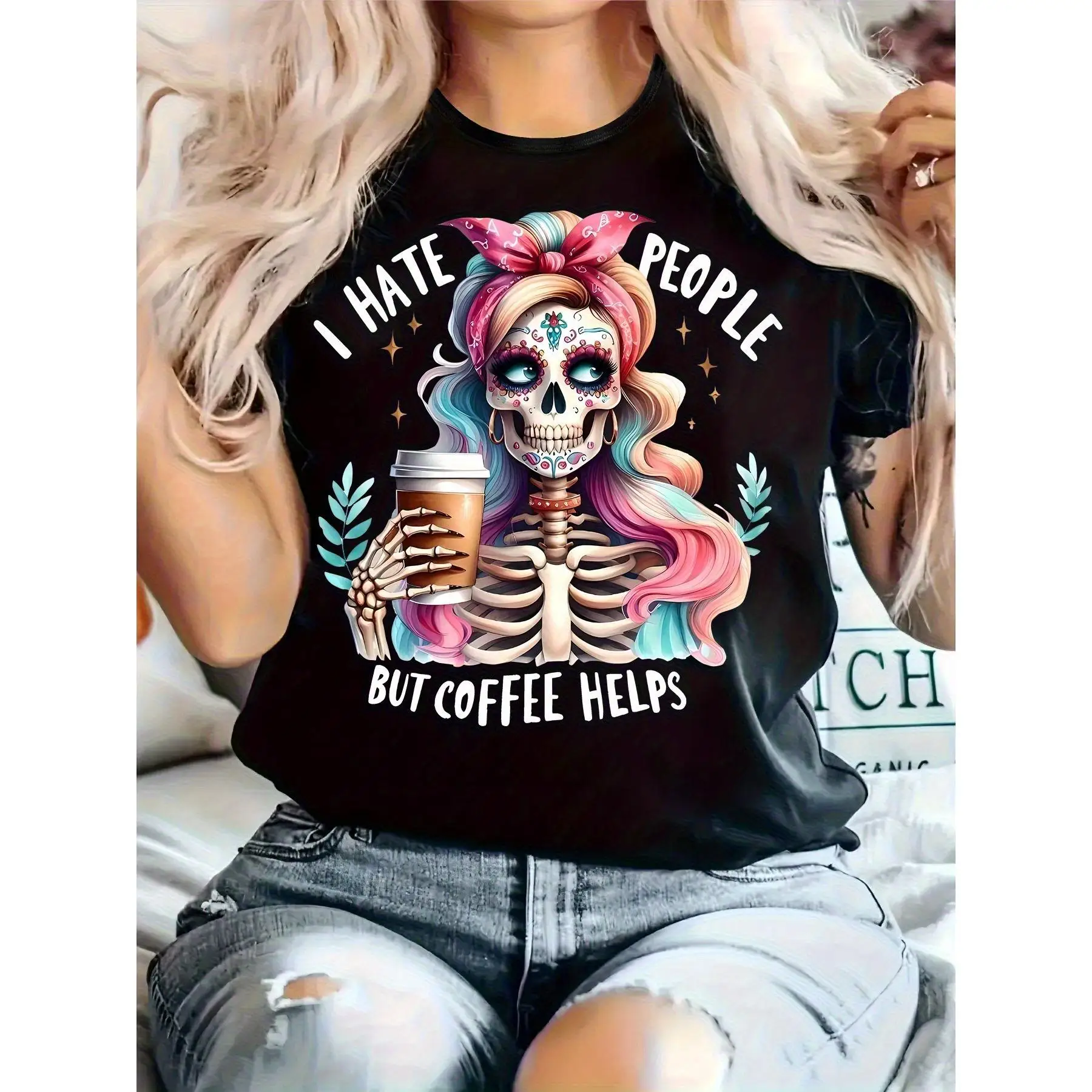 

Women's Humorous Coffee Skeleton Graphic T-Shirt - "I Hate People But Coffee Helps" Slogan, Elastic Loose Fit Round Neck Short