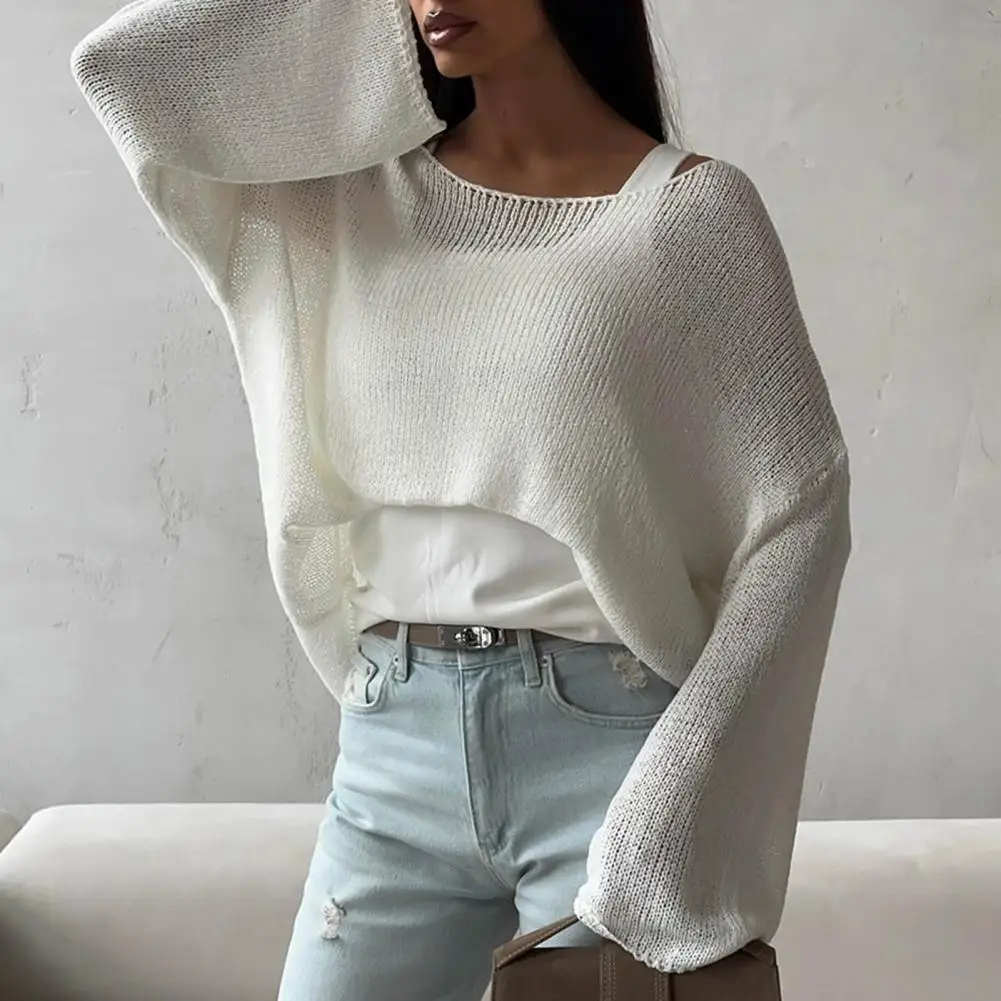 Вязаный пуловер с круглым вырезом, женский летний повседневный однотонный топ с длинными рукавами, топ 2025 г., свободный уличный офисный женский свитер, топ