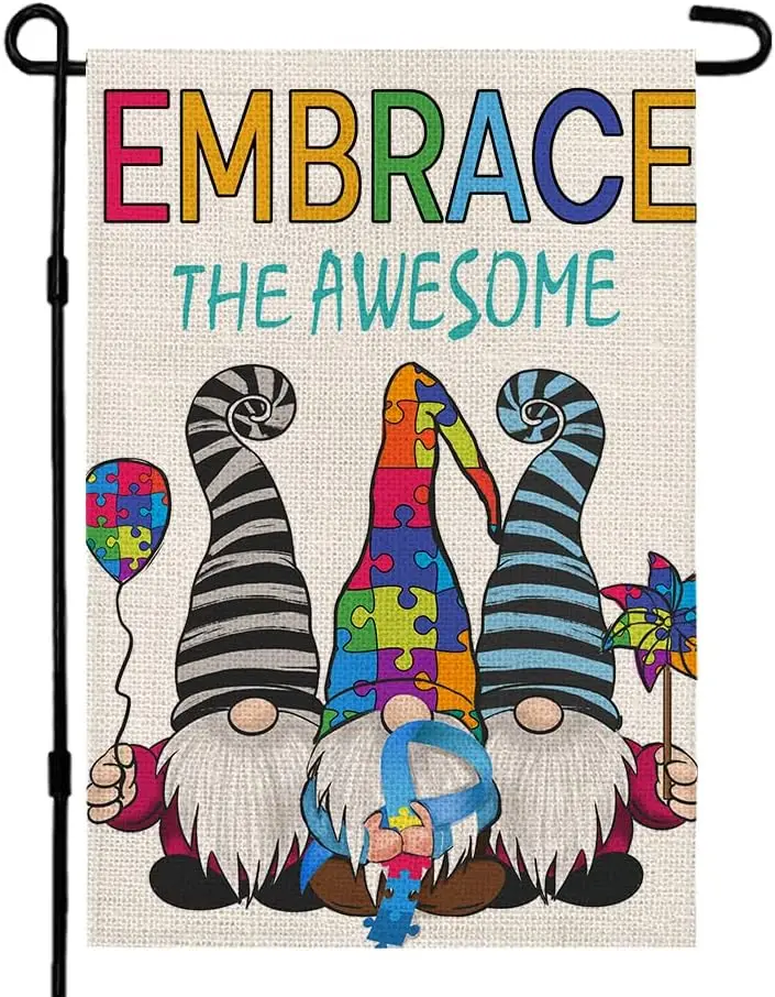 Autism Awareness Garden Flag Gnomes Embrace The Awesome Rainbow Puzzle Piece Ribbon 12×18 Inch Double Sided Outside Inspirationa