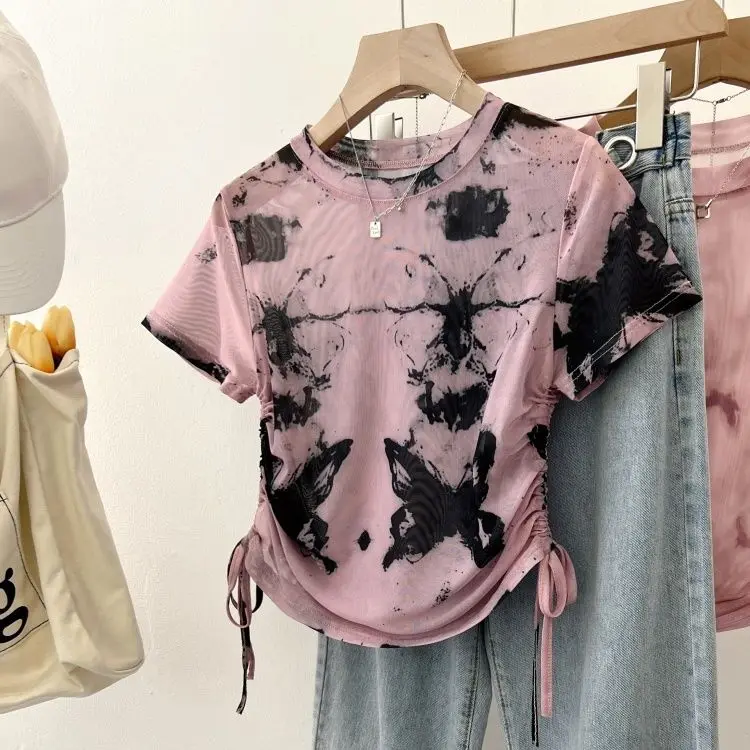Korean tie-dyed short-sleeved women's summer new short T-shirt sunscreen thin irregular drawstring perspective mesh top