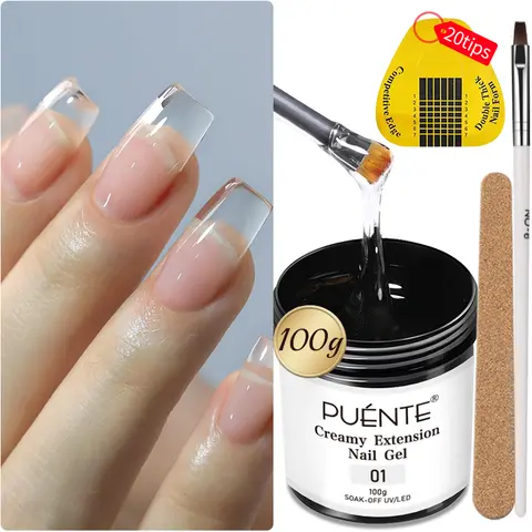 PUENTE Juego de 4 piezas de gel de extensión de uñas cremoso de gran volumen de 100 g, gel constructor de uñas transparente con lima de uñas, pincel y moldes para construcción y fortalecimiento de uñas, kit de esmalte de uñas en gel de curado UV/LED para manicura, uso en salón de uñas en casa, regalo para mujeres