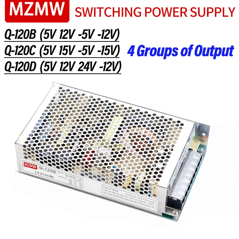 MZMW 120W Quad Output Power Supply 5V 12V 24V -5V -12V Four Way SMPS AC to DC Q-120B Q-120C Q-120D For Led Strip Transformer