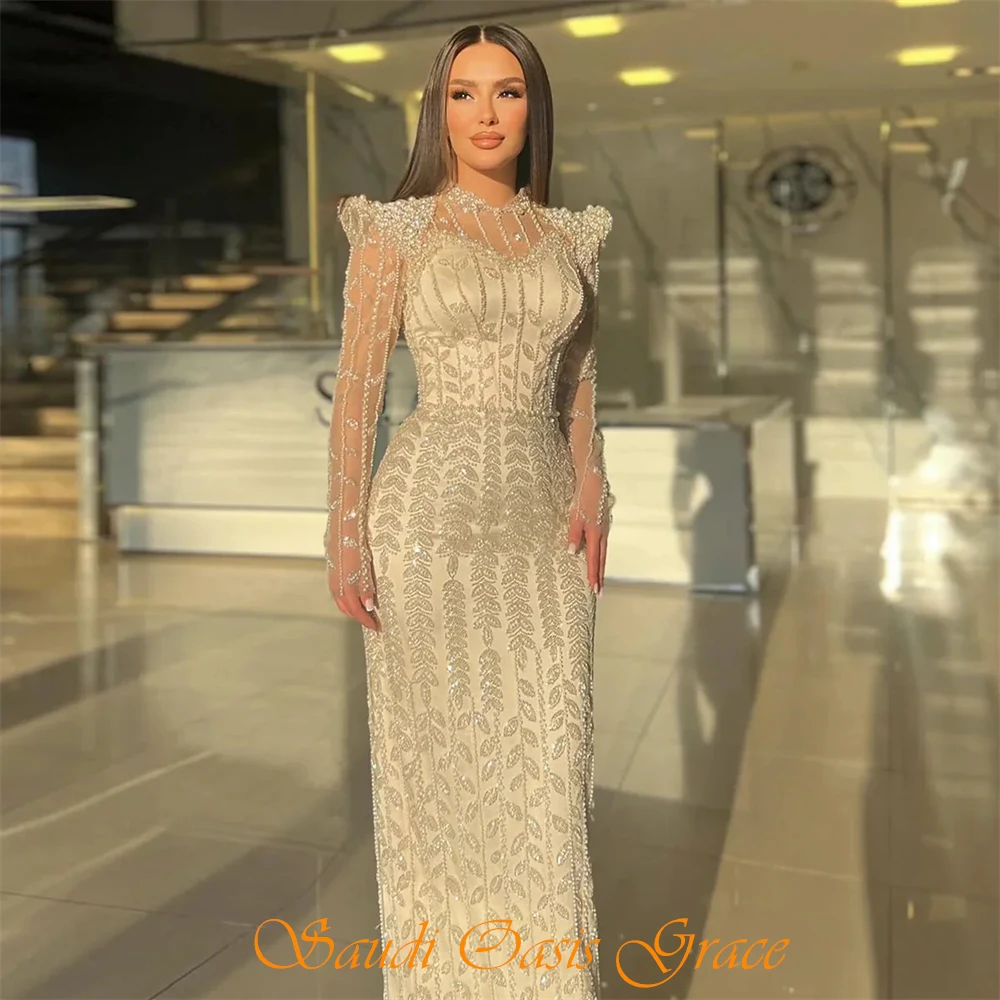 تخصيص بسيط مستقيم الأورجانزا مساء اللباس الرسمي س الرقبة طويلة الأكمام فساتين المشاهير لينة اللؤلؤ كريستال فساتين لحفلات الكوكتيل #5