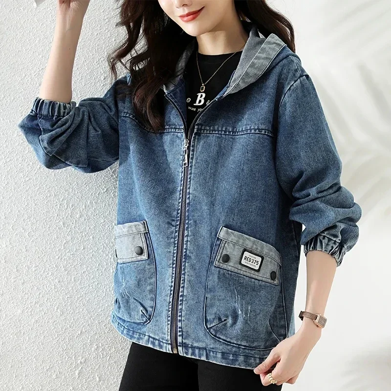 New Splicing Zipper Female Cowboy Overcoat 2025 Spring Autumn Women’s Denim Jacket Large Size Hooded Ladies Jeans Coat