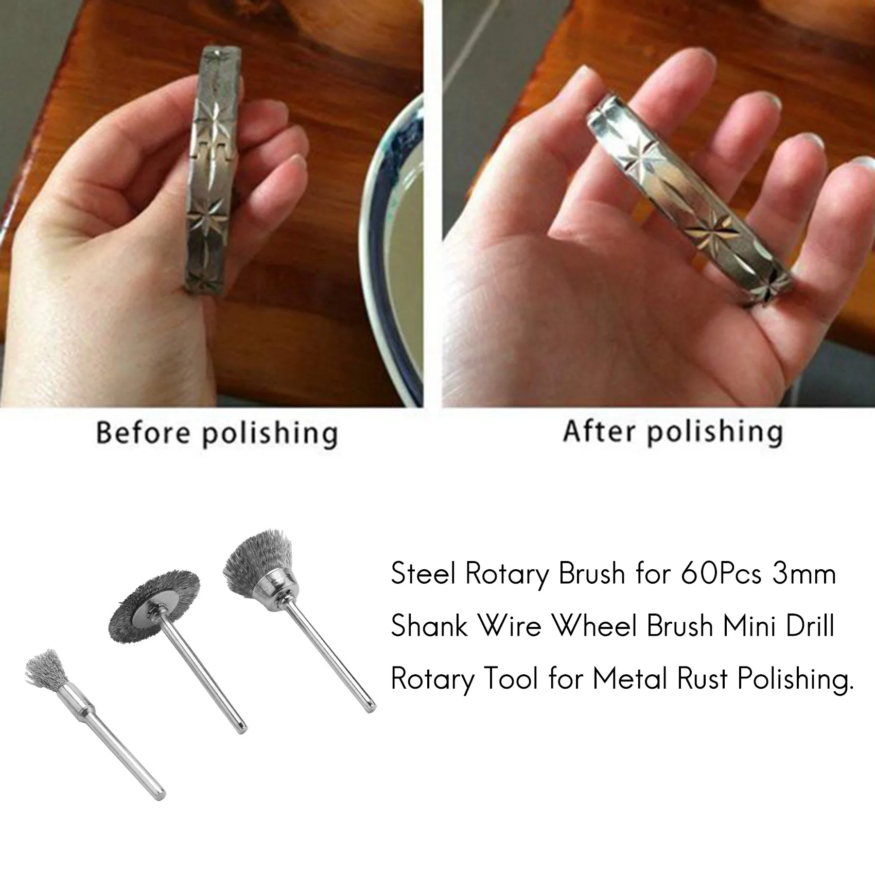 A01F-Steel Rotary Brush For 60Pcs 3Mm Shank Wire Wheel Brush Mini Drill Rotary Tool For Metal Rust Polishing