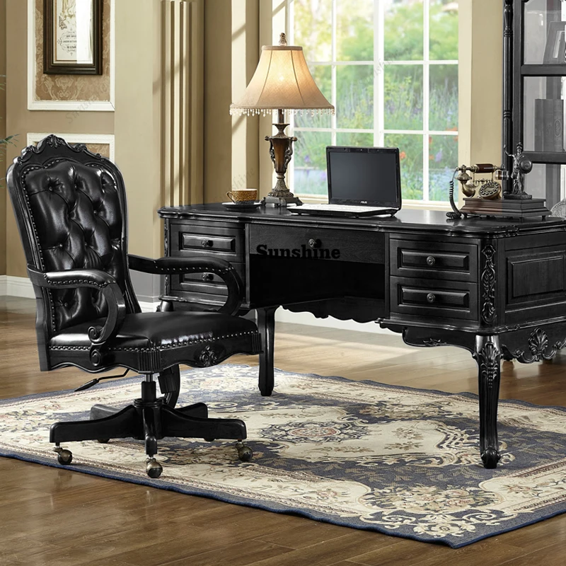 

French retro black desk medieval solid wood home study bedroom European boss office computer writing desk