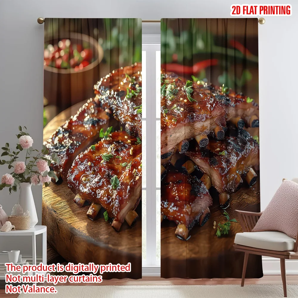 

2D flat printing 2pcs Window Drapes Glazed Barbecue Ribs Digital Printed Polyester Drapes Seasonal Party & Holiday Decor for