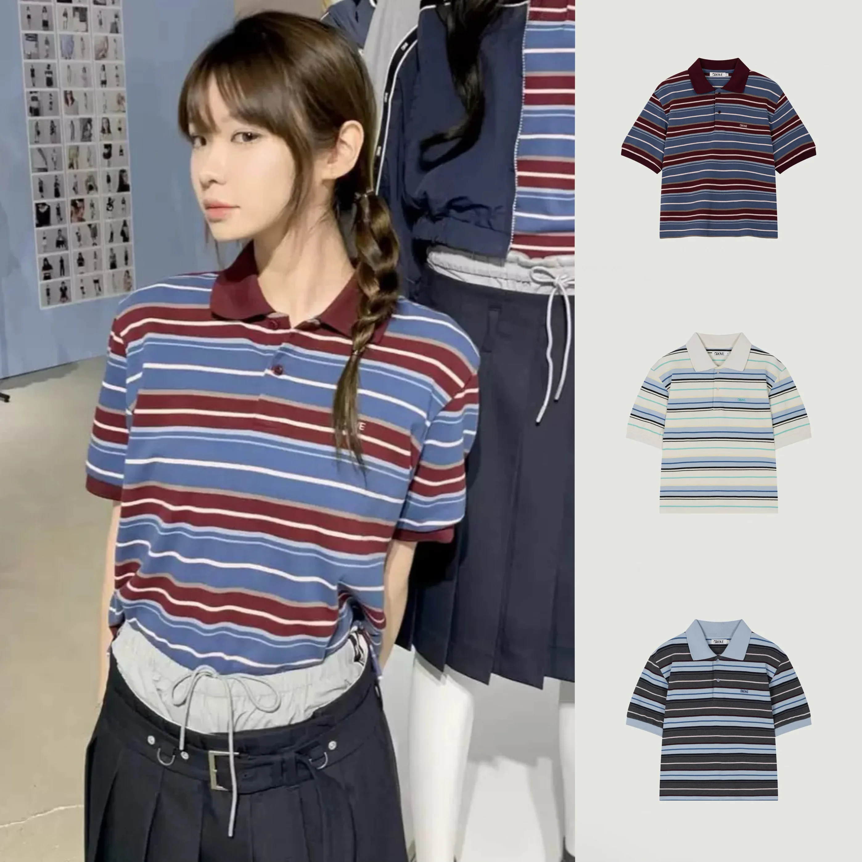 

Loose Casual Stripe Ne ort Sve T-irt Summer 2025 Vintage Color Blo Women's Top Comfortable Breathable