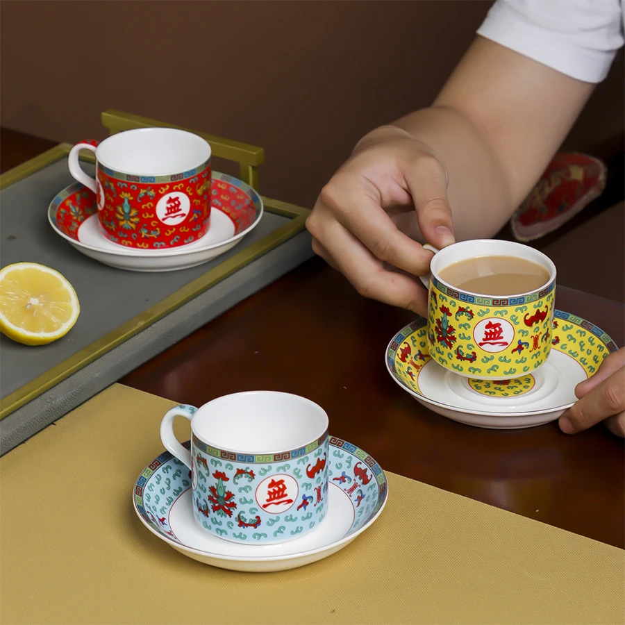 Jingdezhen breakfast milk cup plate bone china Chinese red yellow blue afternoon tea office coffee cup plate