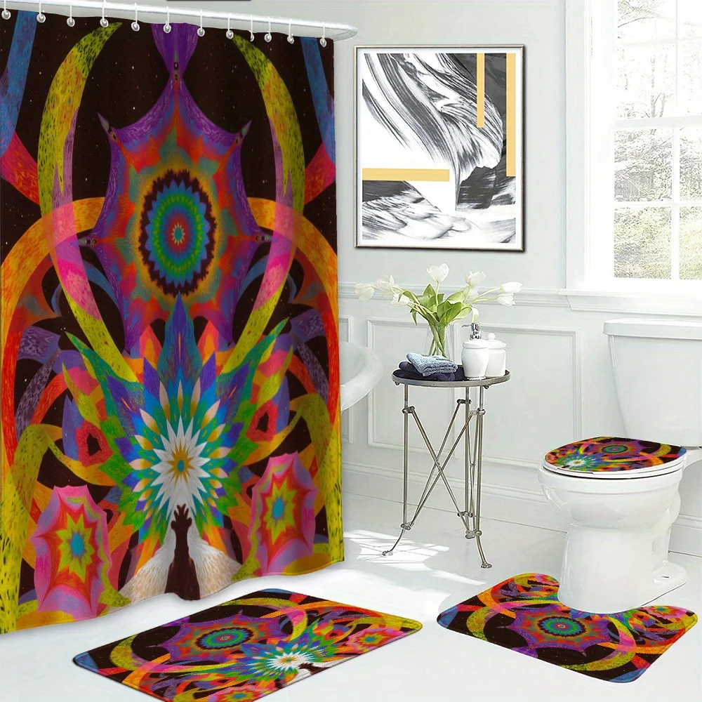 

Multicolor Artistic Ethnic Print Shower Curtain Set Simple Art Style Bathroom Decor with Hooks Mat Home Hotel Machine Washable