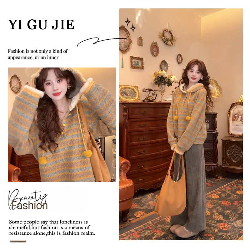 

Large Size Autumn Winter Faionable Women's Hoodie Sweatirt Casual Pants Two Piece Set Korean Sle Stripe Pattern