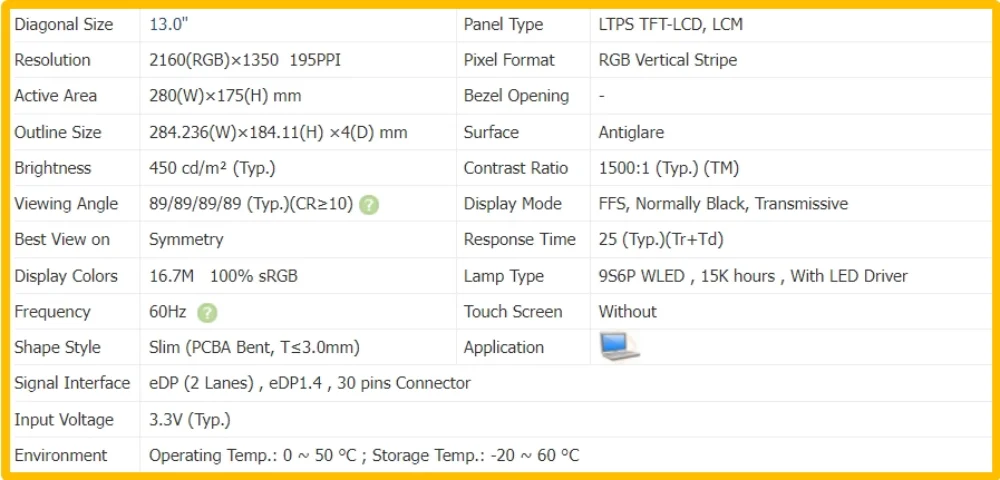 MND007ZA1-2 13 inch Laptop Display LCD Screen No-touch Slim IPS Panel QHD 2160x1350 EDP 30pins 60Hz