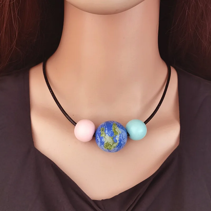Painted Earth Mars Saturn Short Necklace Women's Retro Beaded Necklace European and American Cross-border Creative Popular Jewel