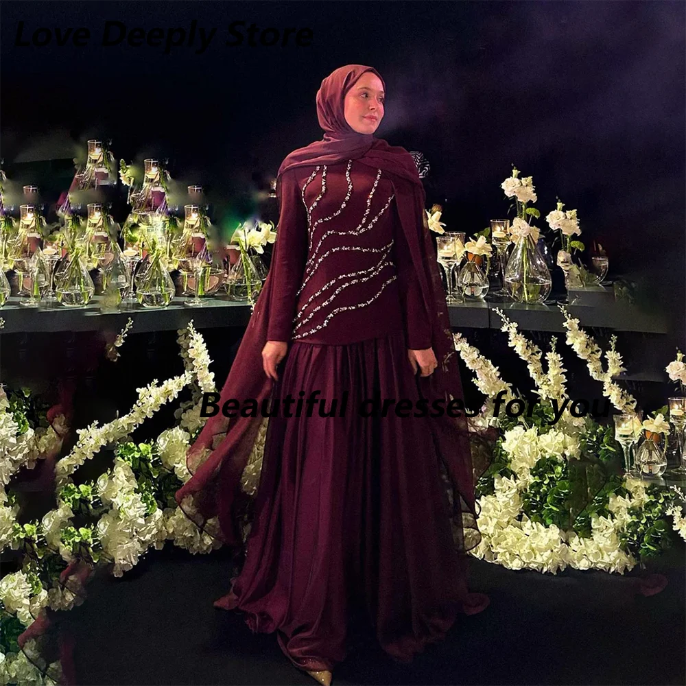

Burgundy Evening Dress Customized O-Neck Long Sleeves Crystal A Line Pleat Chiffon Floor Length Formal Party Dresses 2026