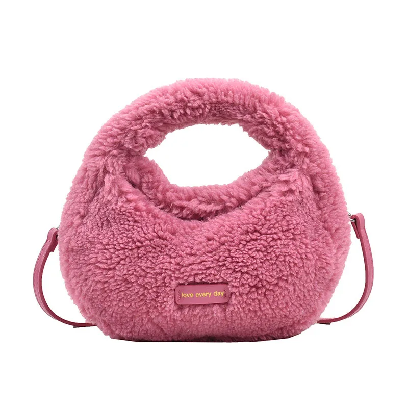 Autumn Winter Women Solid Fluffy Tote Handbag Fashion Faux Fur Small Top-Handle Bag Lamb Hair Ladies Crossbody Bag Cloud Satchel