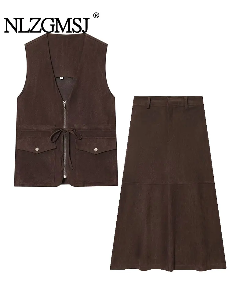 

NLZGMSJ Women 2025 Autumn New Fashion Solid Pockets Zipper Vest Sleeveless Vest + Elegant Midi Skirt Casual Suit Mujer