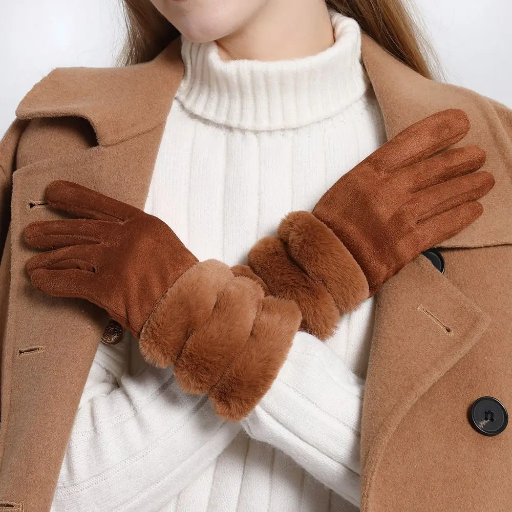 

Elegant Windproof Suede Women Gloves Keep Warm Thicken Touch Screen Gloves Solid Color Five Finger Winter Driving Gloves Women