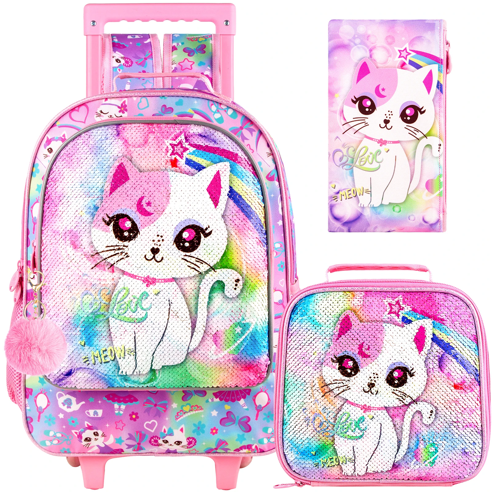 

3PCS Rolling Backpack for Girls and Boys， Kids Unicorn Dinosaur Wheeled Bookbag