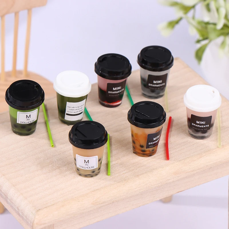 1:12 Dollhouse Miniature Coffee Drink Cup Model Fruit Pearl Milk Tea With Straw For Doll House Decor Kids Pretend Play Toys Gift