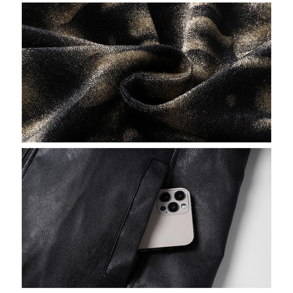 

Men's Motorcycle Leather Jacket with Thin Velvet Windproof Fabric and Zipper Closure for Casual and Street Wear