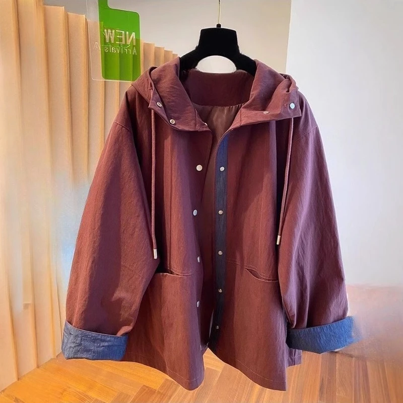 European Large-sized Stylish Color-blocking Hooded Windbreaker Loose Versatile High-end Niche Windproof Jacket for Spring Autumn