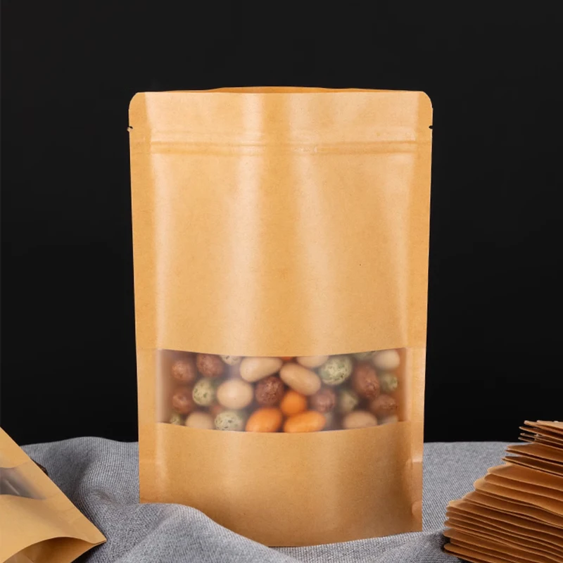 50pcs/lot Brown Frosted Window Opening Kraft Paper Repeated Sealing Zipper Bag Custom Printing Logo For Seasoning Candy Bags