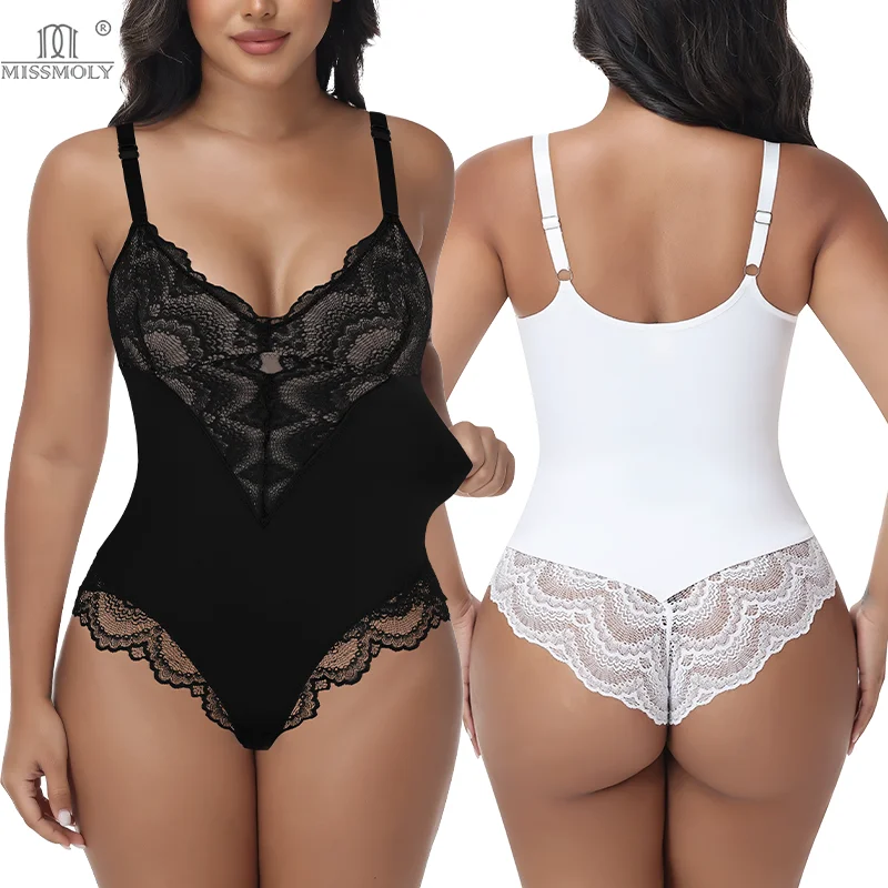 

Miss Moly Women Shapewear Sexy Bodysuit Tummy Control Lace Corset Adjustable Strap Underwear V Neck Lingerie Soft Slimming Thong