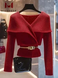 Luxury Sweater For Women V Neck Long Sleeve Autumn New Sweet Fashion Tops Y2K Retract Your Waist Ladies Red Knitted Pullovers 24