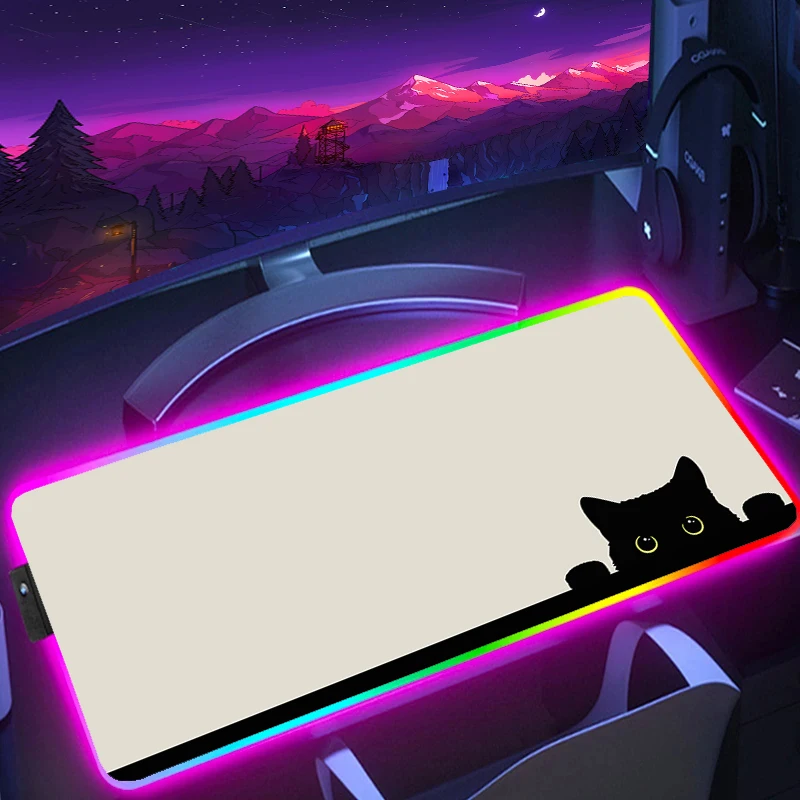 Schattige Kat Originaliteit Muismat Grote Antislip Muismat Rgb Rubber Spel Muismat Led Hd Print Gaming Toetsenbord Mat Kawaii Tapijt