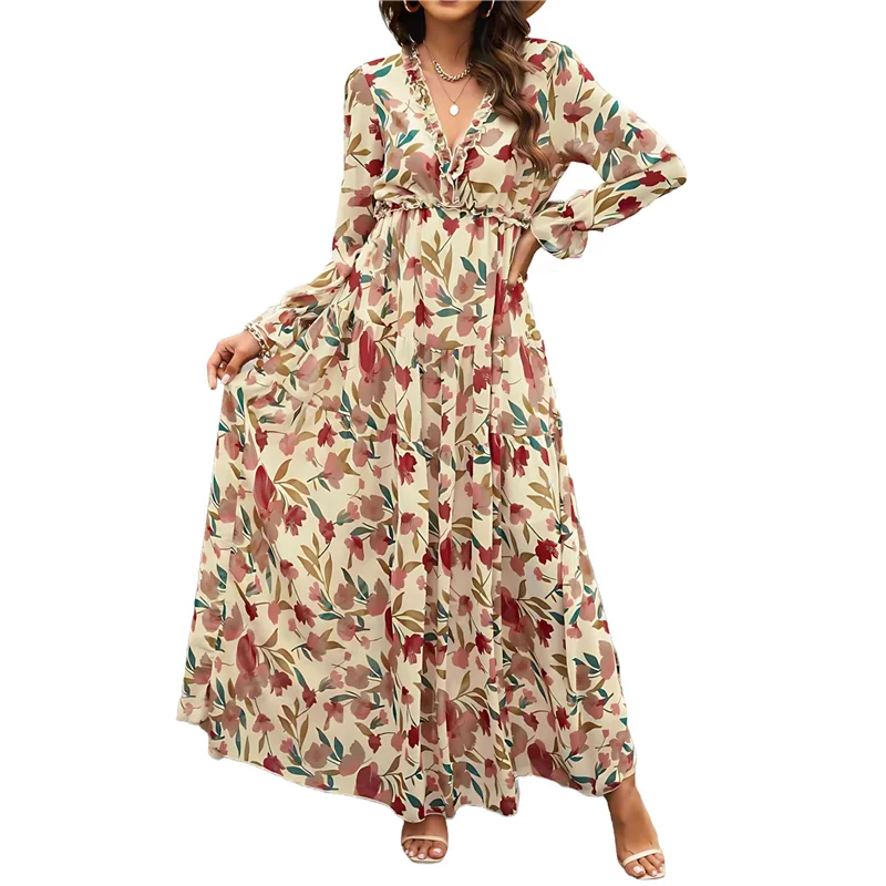 فستان بوهو ماكسي نسائي برقبة على شكل V وأكمام طويلة وكشكشة على شكل حرف A فساتين شيفون متأرجحة