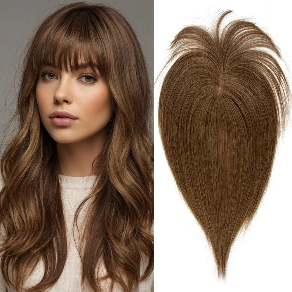 

8x12 см Топпер из человеческих волос с челкой для женщин Натуральный черный, коричневый, светлый, на заколке для кожи головы в топпеше, человеческие волосы Remy