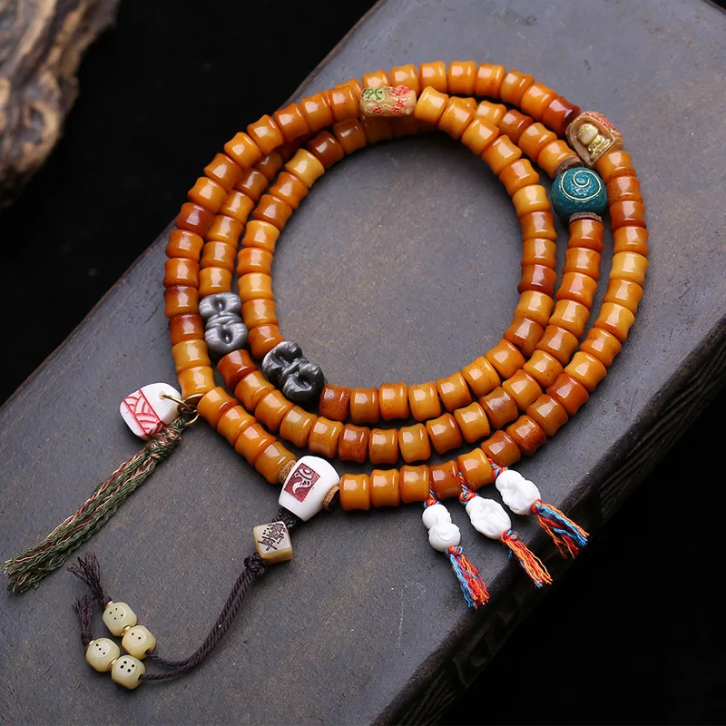Hand-Held 108-Bead Buddhist Prayer Beads Made Of Yak, With Obsidian And Deer Bone Connectors