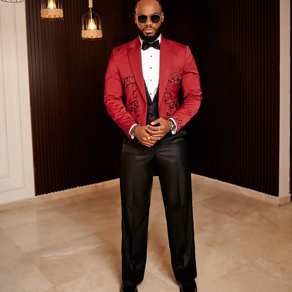 

Luxury Red Men's Suits 3 Pieces with Peaked Lapel Sequined Prom Slim Fit Set Wedding Party Blazer Jacket+Vest+Pants Customized