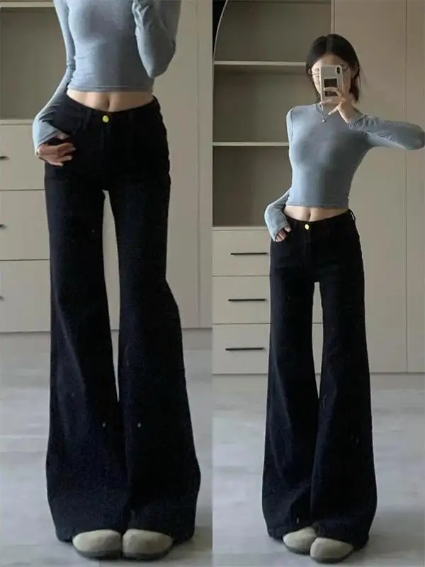 Low Waist Flared Jeans Women's Loose Slimming Elastic Drapey Wide Leg Pants Black Denim Spring Summer New Arrival