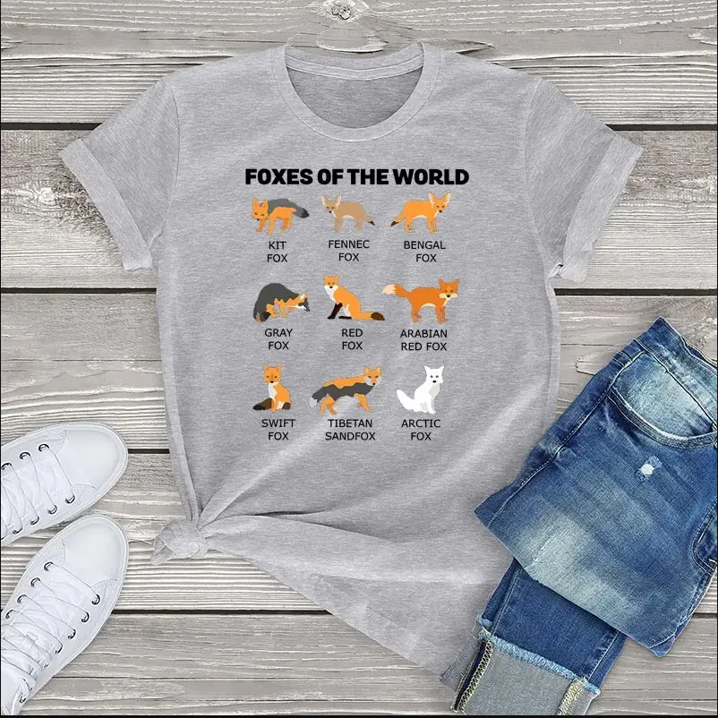 100% Cotton Foxes Of The World Graphic T Shirt Women clothing Foxes Animal Harajuku Womens Shirt Pittie Unisex Fashion Tee Tops