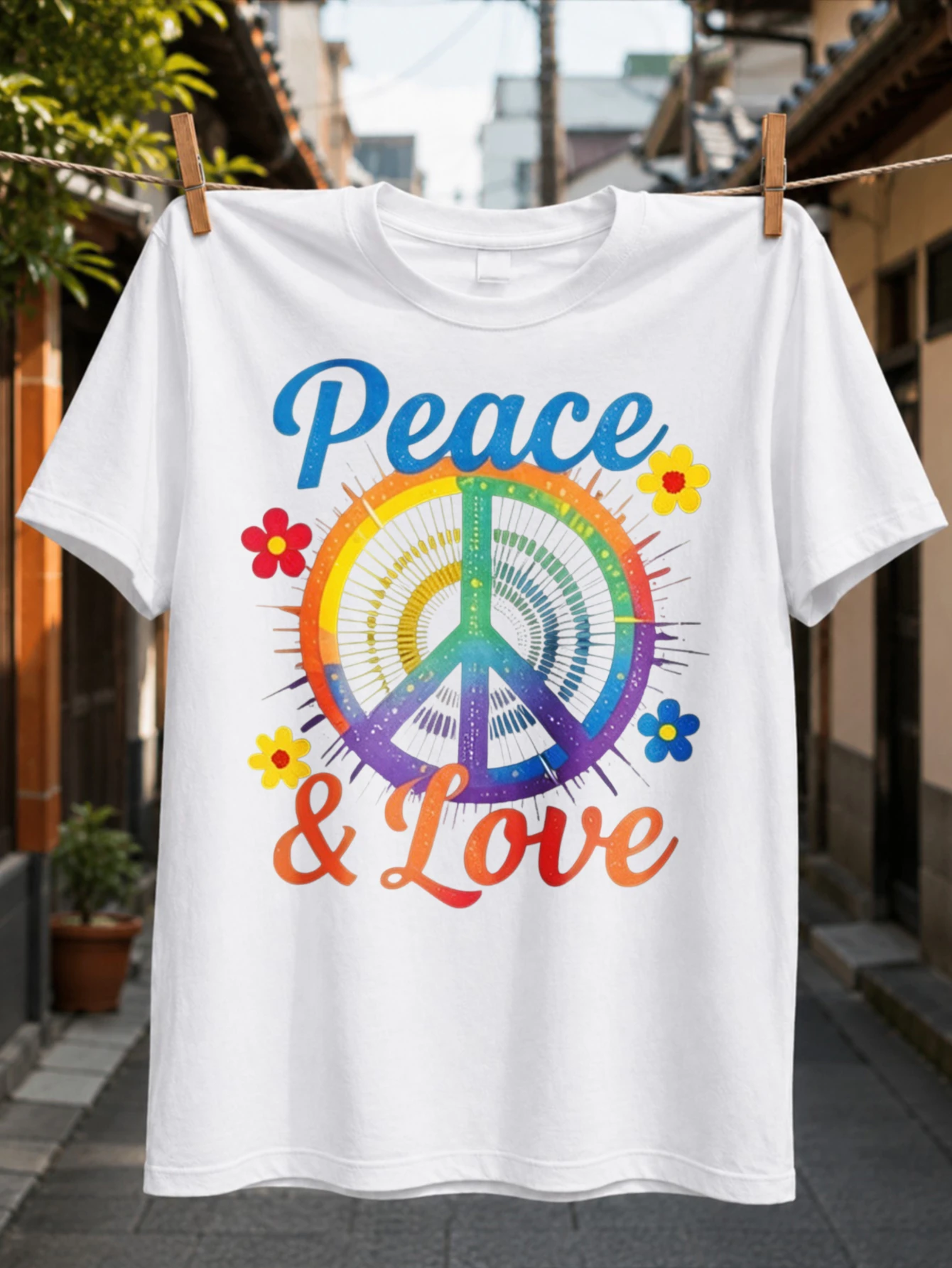 T-shirt unisexe rétro hippie avec symbole de paix dégradé arc-en-ciel, fleurs colorées et lignes rayonnantes