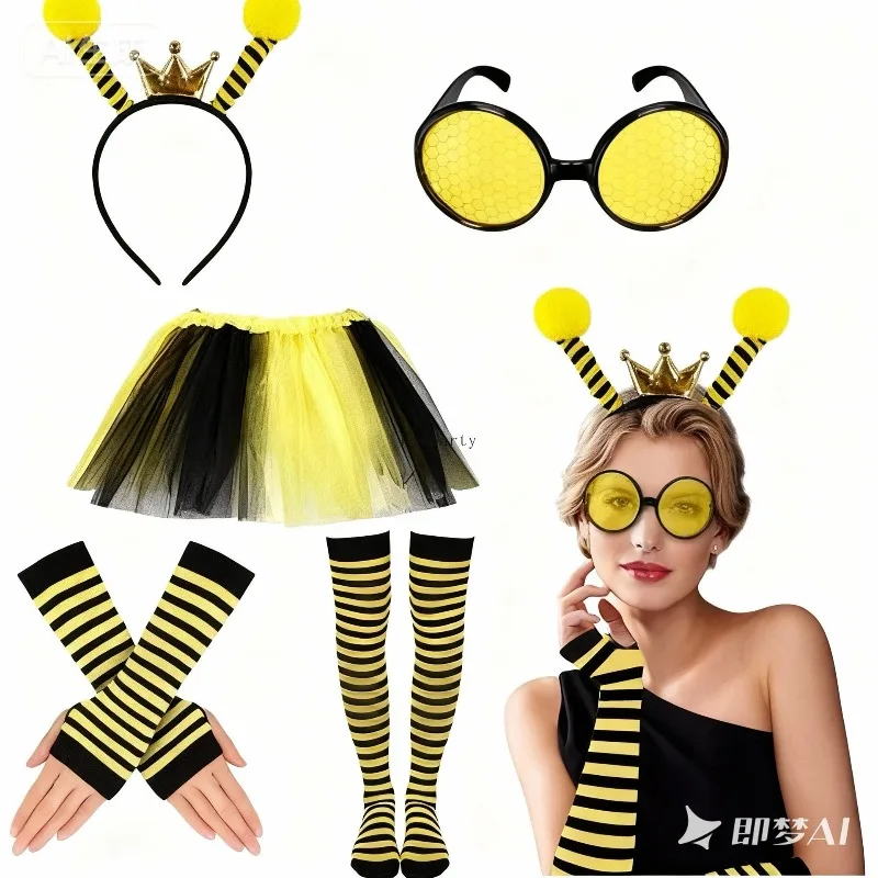 Vrouwen Kinderen Geel Honingbij Kostuum Set Antenne Hoofdband Tutu Rok Gestreepte Kniekous Handschoenen Voor Cosplay Dans Podium 6 stks