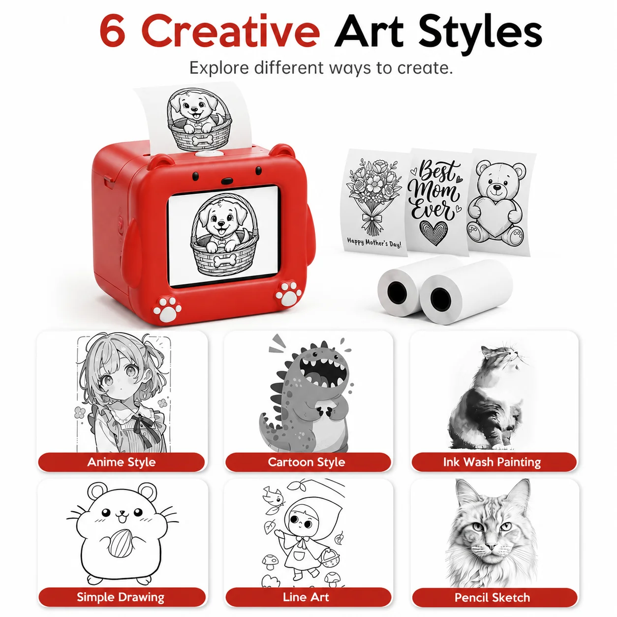 Cute Bear Kids AI Thermal Printer Voice Multi-Language Recognition Bluetooth Inkless Portable Drawing Printer for Children DIY